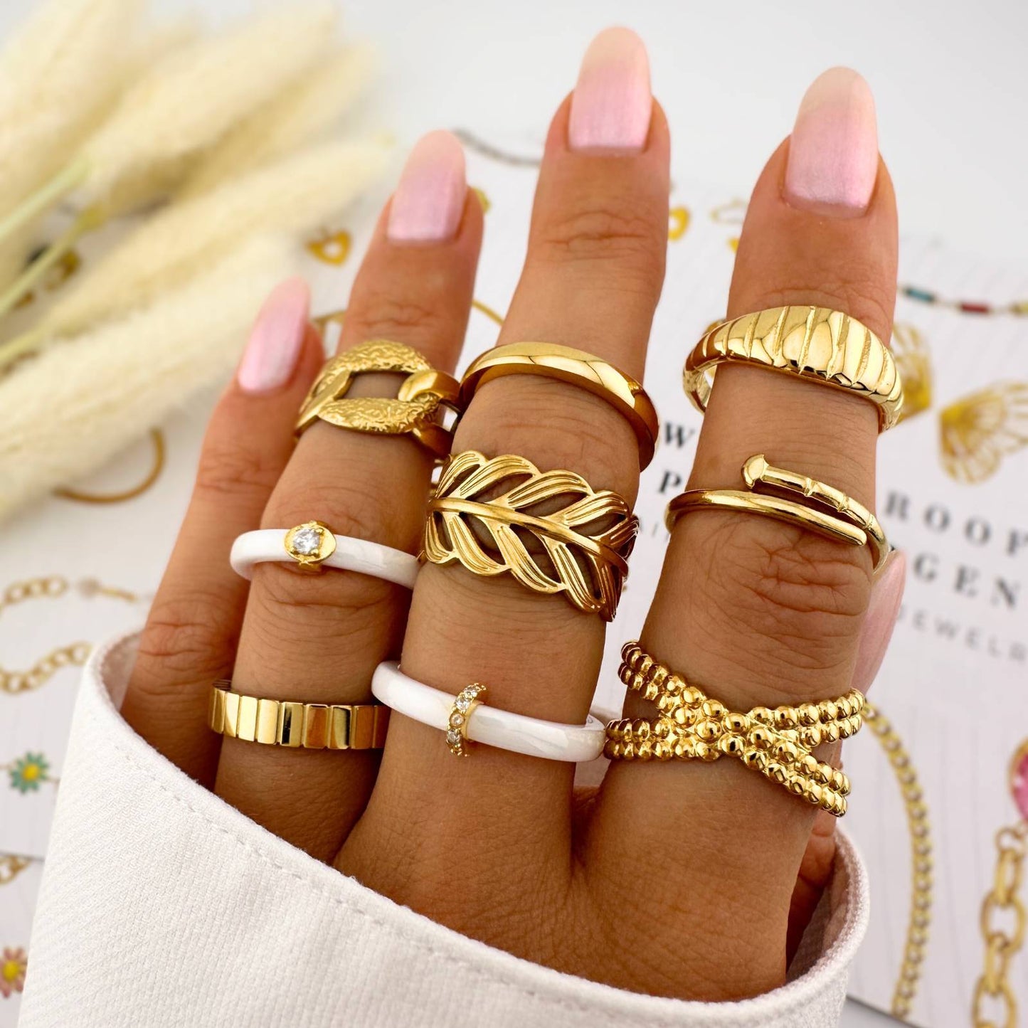 18K gold plated Stainless steel Leafs finger ring, Intensity 87639-0-7